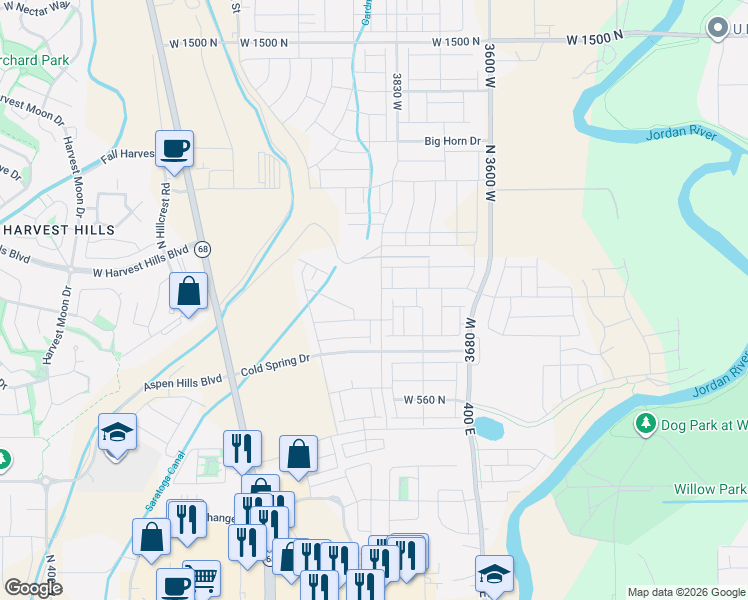map of restaurants, bars, coffee shops, grocery stores, and more near 8833-8999 400 East in Lehi