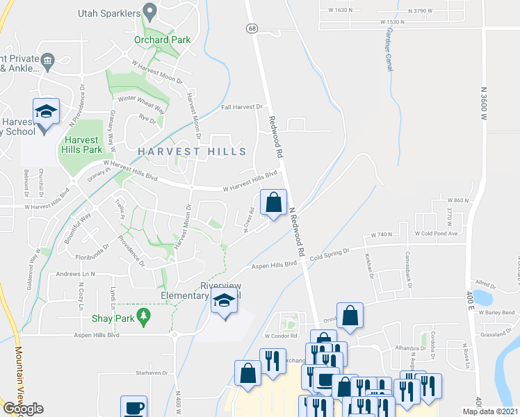 map of restaurants, bars, coffee shops, grocery stores, and more near 1931 North Crest Road in Saratoga Springs