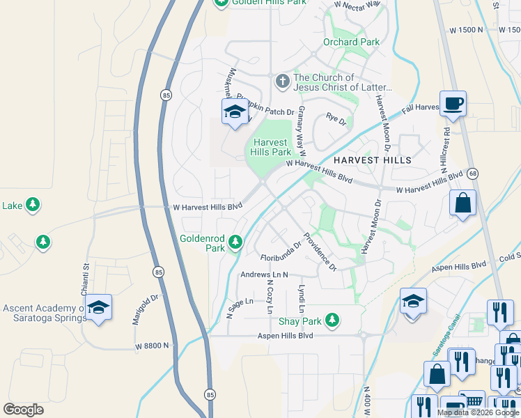 map of restaurants, bars, coffee shops, grocery stores, and more near 572 Goldenrod Way North in Saratoga Springs