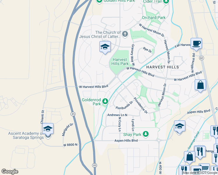 map of restaurants, bars, coffee shops, grocery stores, and more near 572 Goldenrod Way North in Saratoga Springs