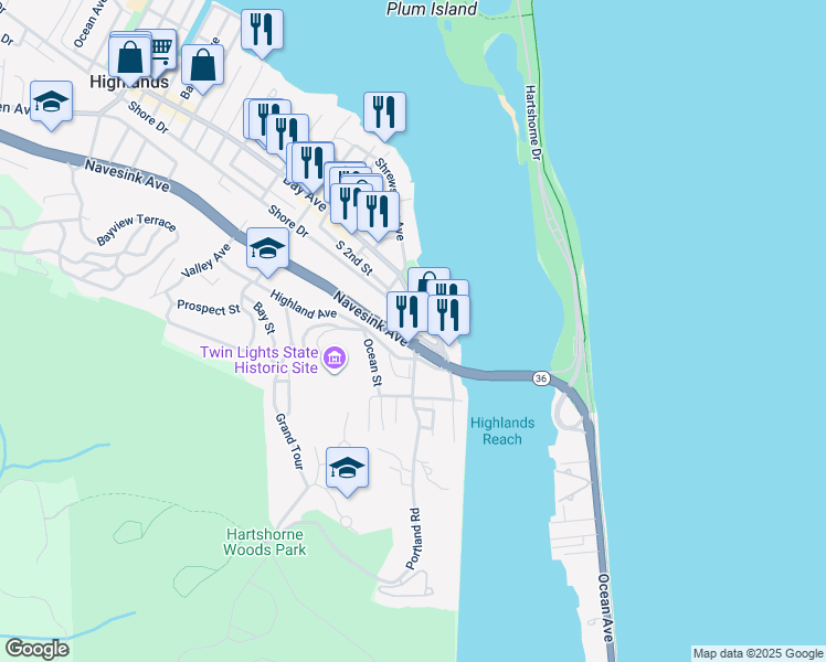 map of restaurants, bars, coffee shops, grocery stores, and more near 23 Bay Avenue in Highlands