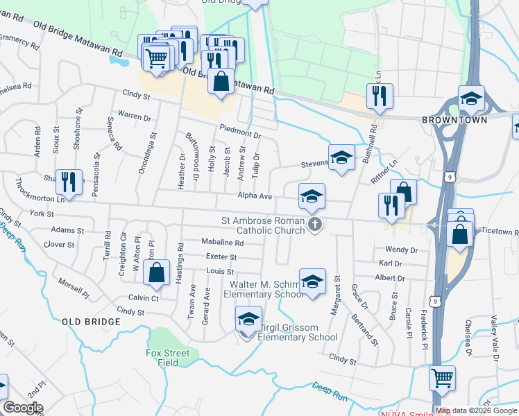 map of restaurants, bars, coffee shops, grocery stores, and more near 45 Alpha Avenue in Old Bridge