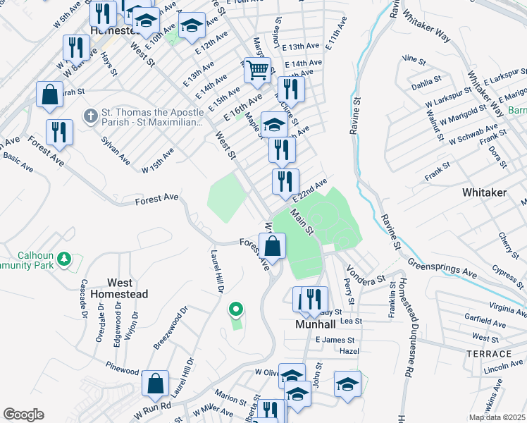 map of restaurants, bars, coffee shops, grocery stores, and more near 2014 West Street in Munhall