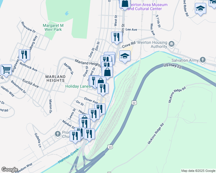 map of restaurants, bars, coffee shops, grocery stores, and more near 3644 Main Street in Weirton