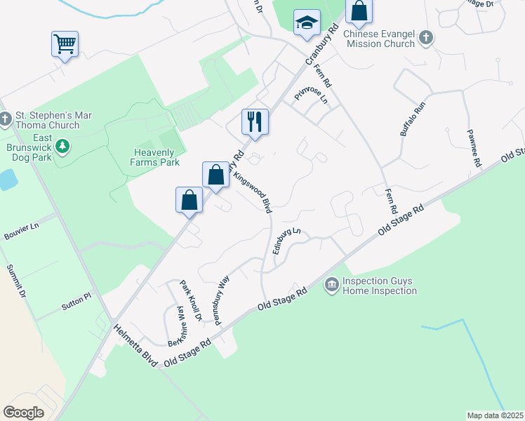 map of restaurants, bars, coffee shops, grocery stores, and more near 16 Dorchester Drive in East Brunswick