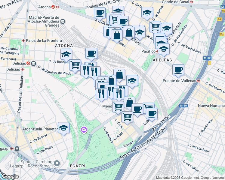 map of restaurants, bars, coffee shops, grocery stores, and more near 61 Calle de Méndez Álvaro in Madrid