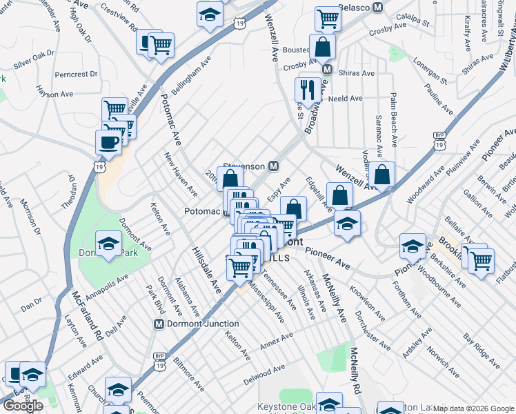 map of restaurants, bars, coffee shops, grocery stores, and more near 2810 Espy Avenue in Pittsburgh