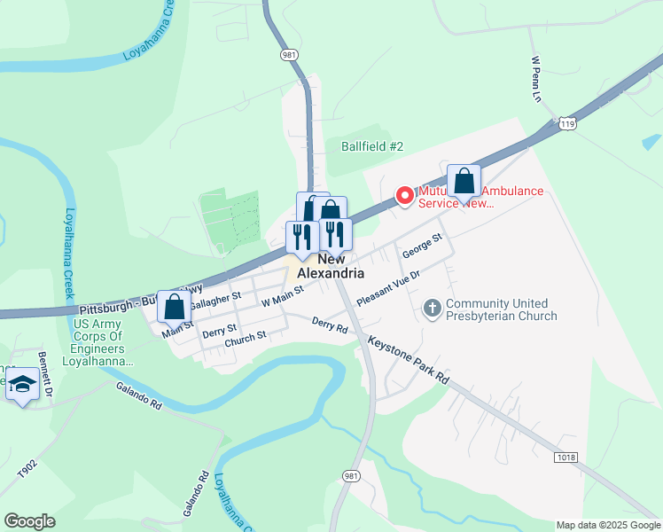 map of restaurants, bars, coffee shops, grocery stores, and more near in New Alexandria