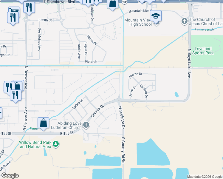 map of restaurants, bars, coffee shops, grocery stores, and more near 3036 Zodiac Court in Loveland