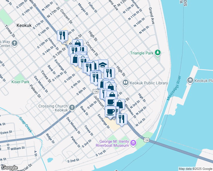 map of restaurants, bars, coffee shops, grocery stores, and more near 25 North 7th Street in Keokuk
