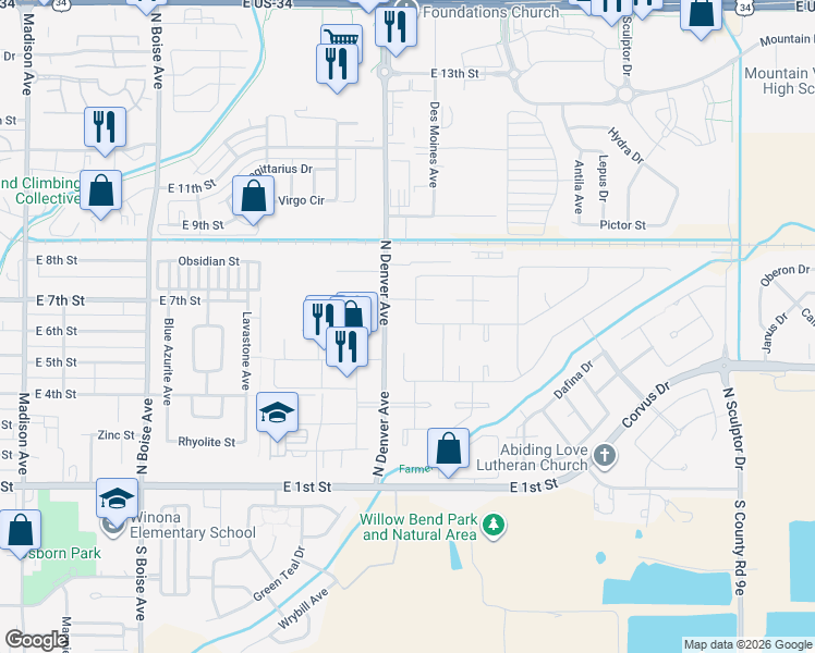 map of restaurants, bars, coffee shops, grocery stores, and more near 2315 Turquoise Street in Loveland