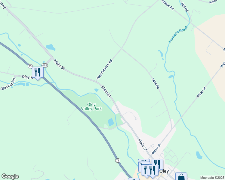 map of restaurants, bars, coffee shops, grocery stores, and more near 99 Main Street in Oley