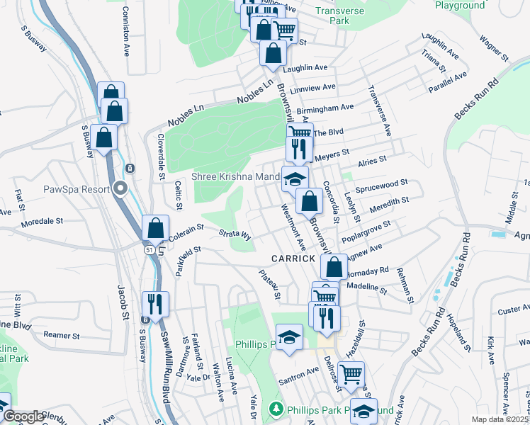 map of restaurants, bars, coffee shops, grocery stores, and more near 1654 Oakhurst Street in Pittsburgh
