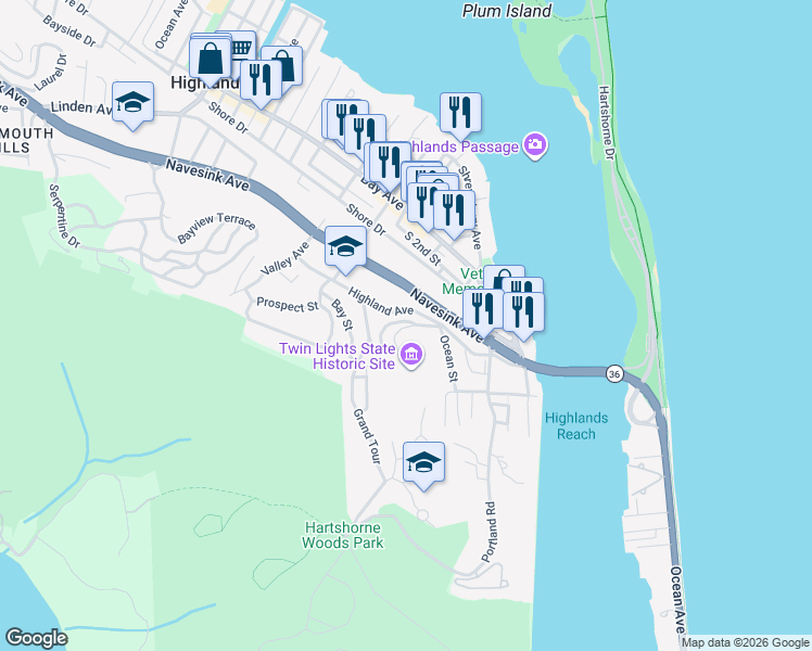 map of restaurants, bars, coffee shops, grocery stores, and more near 83 Highland Avenue in Highlands