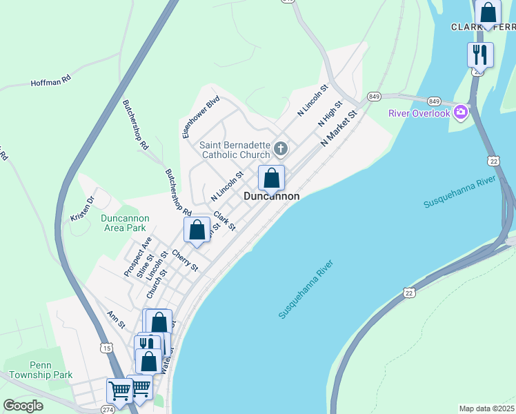 map of restaurants, bars, coffee shops, grocery stores, and more near in Duncannon