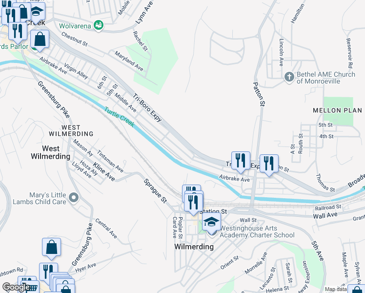 map of restaurants, bars, coffee shops, grocery stores, and more near 630 Middle Avenue in Wilmerding
