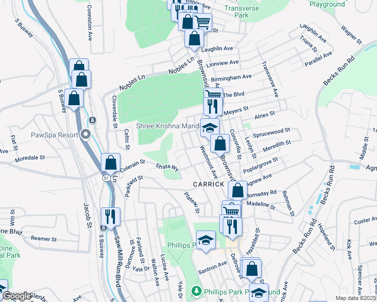 map of restaurants, bars, coffee shops, grocery stores, and more near 1654 Oakhurst Street in Pittsburgh