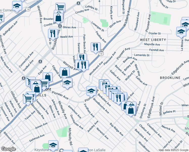 map of restaurants, bars, coffee shops, grocery stores, and more near 2522 Plainview Avenue in Pittsburgh