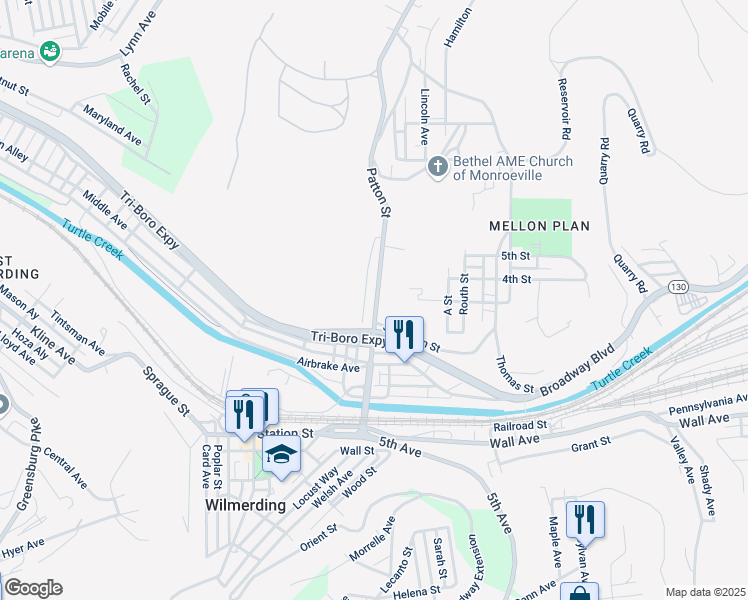 map of restaurants, bars, coffee shops, grocery stores, and more near 417 Patton Street in Wilmerding