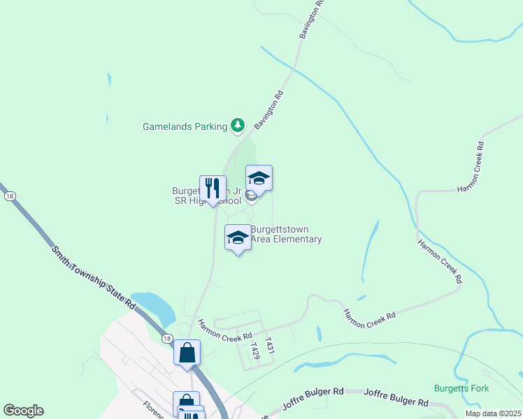 map of restaurants, bars, coffee shops, grocery stores, and more near 100 Bavington Road in Burgettstown