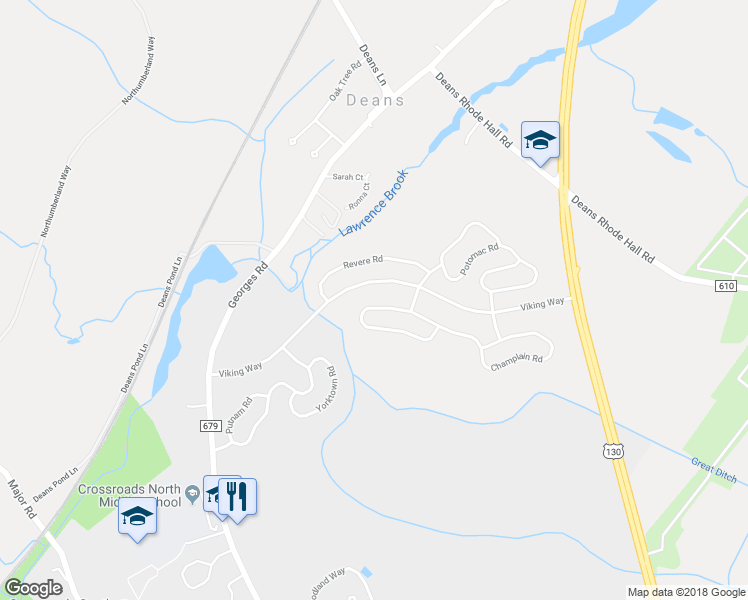 map of restaurants, bars, coffee shops, grocery stores, and more near 34 Chesapeake Road in South Brunswick Township