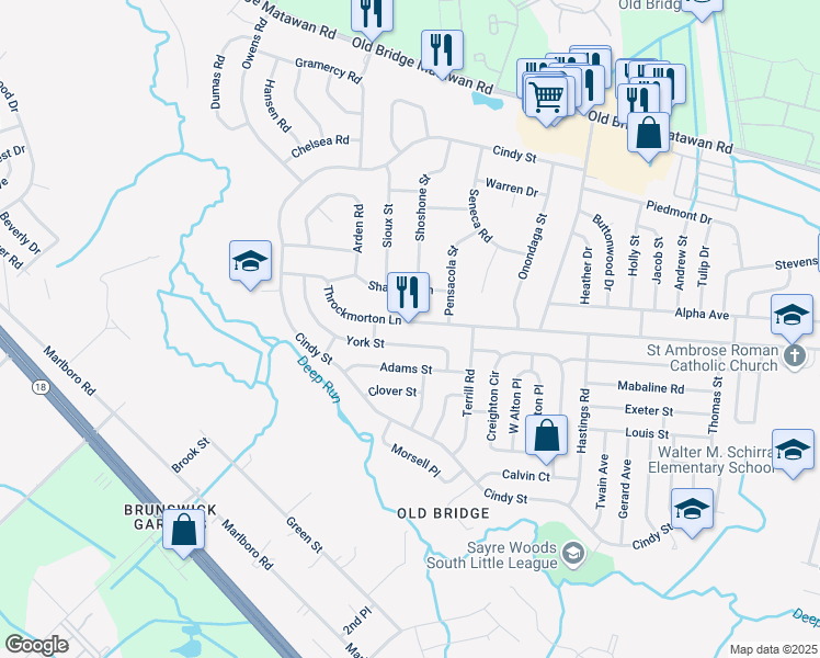 map of restaurants, bars, coffee shops, grocery stores, and more near 213 Throckmorton Lane in Old Bridge Township