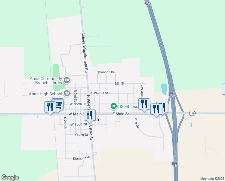 map of restaurants, bars, coffee shops, grocery stores, and more near 399 Lacey Avenue in Anna