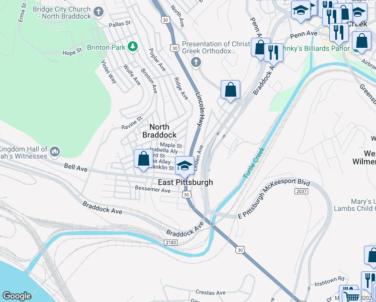 map of restaurants, bars, coffee shops, grocery stores, and more near 732 Grandview Avenue in East Pittsburgh