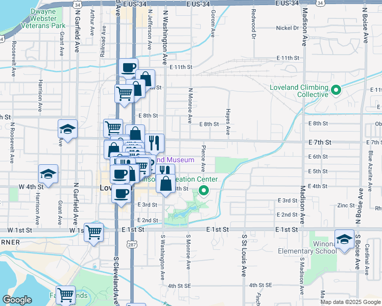 map of restaurants, bars, coffee shops, grocery stores, and more near 705 East 6th Street in Loveland