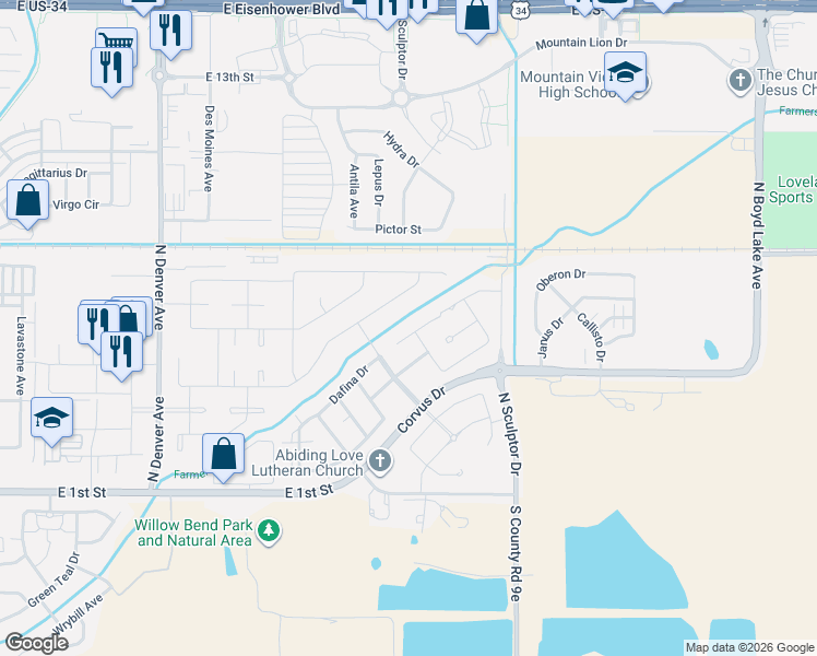 map of restaurants, bars, coffee shops, grocery stores, and more near 3051 Photon Court in Loveland