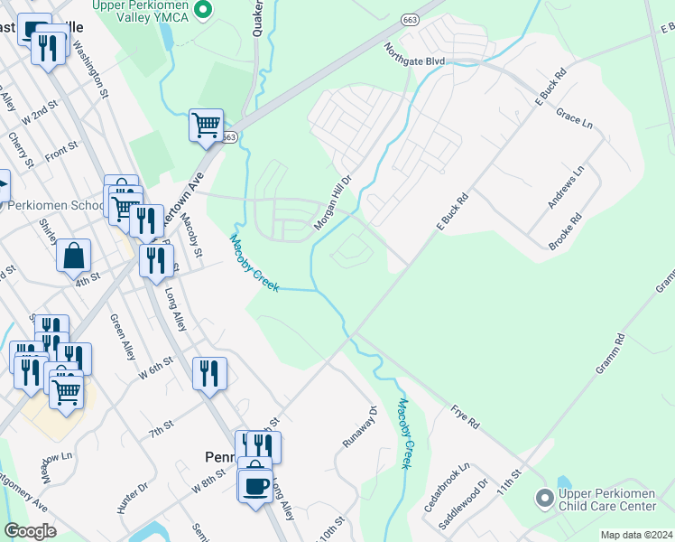 map of restaurants, bars, coffee shops, grocery stores, and more near 1098 Rosemont Terrace in Pennsburg