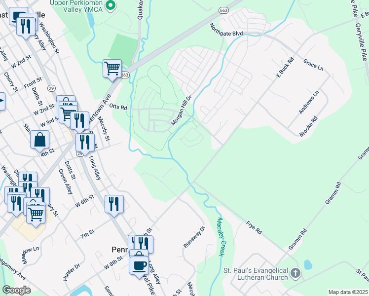 map of restaurants, bars, coffee shops, grocery stores, and more near 1098 Rosemont Terrace in Pennsburg
