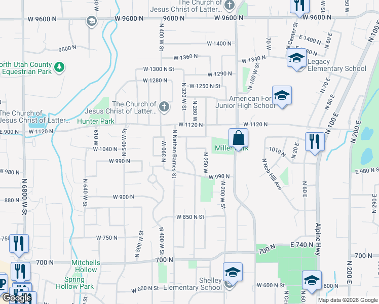 map of restaurants, bars, coffee shops, grocery stores, and more near 1056 North 300 West in American Fork