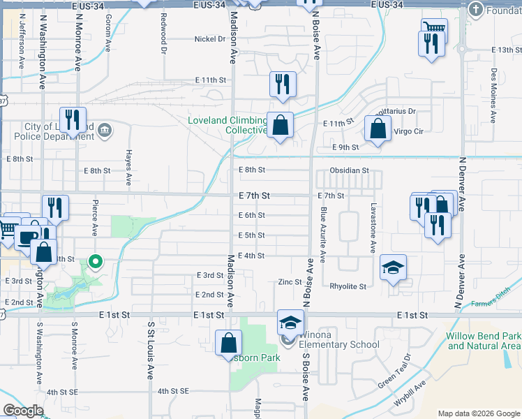 map of restaurants, bars, coffee shops, grocery stores, and more near 620 Albany Avenue in Loveland
