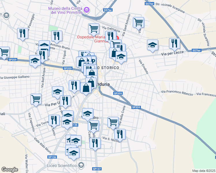 map of restaurants, bars, coffee shops, grocery stores, and more near 5 Via Santa Lucia in Manduria