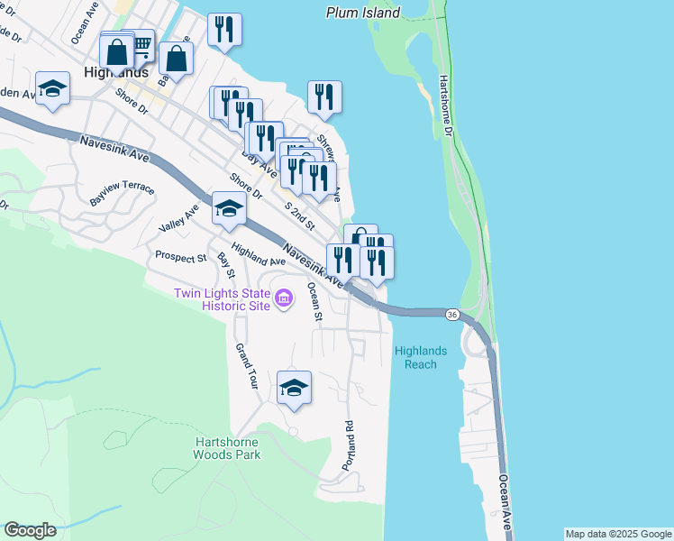 map of restaurants, bars, coffee shops, grocery stores, and more near 23 Bay Avenue in Highlands