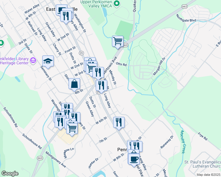 map of restaurants, bars, coffee shops, grocery stores, and more near 468 Penn Street in Pennsburg