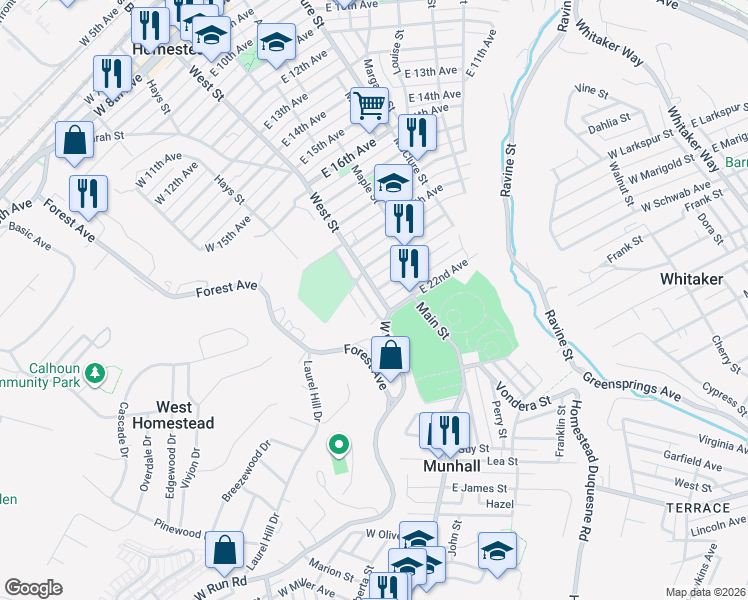 map of restaurants, bars, coffee shops, grocery stores, and more near 2014 West Street in Munhall
