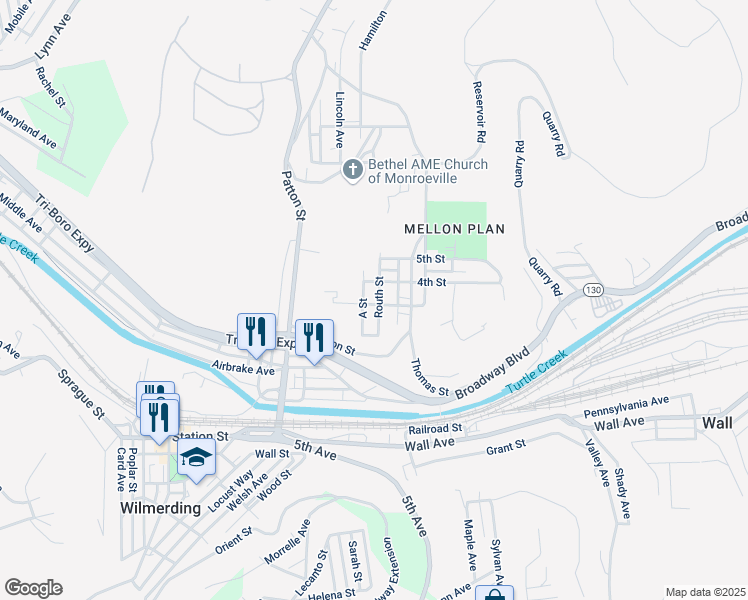 map of restaurants, bars, coffee shops, grocery stores, and more near 433 A Street in Monroeville