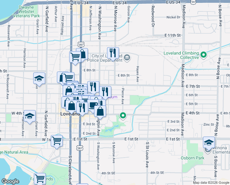 map of restaurants, bars, coffee shops, grocery stores, and more near 618 Adams Avenue in Loveland