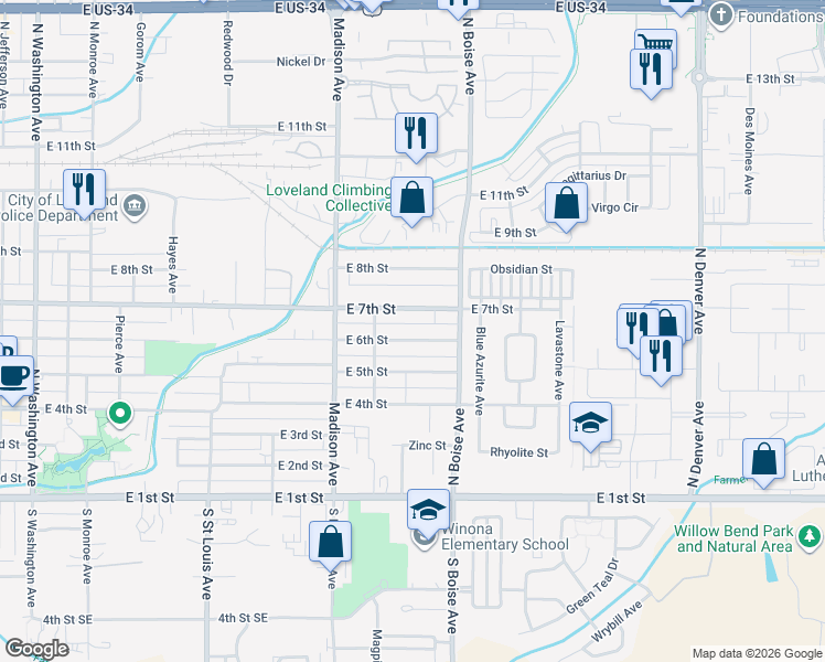 map of restaurants, bars, coffee shops, grocery stores, and more near 1408 East 7th Street in Loveland
