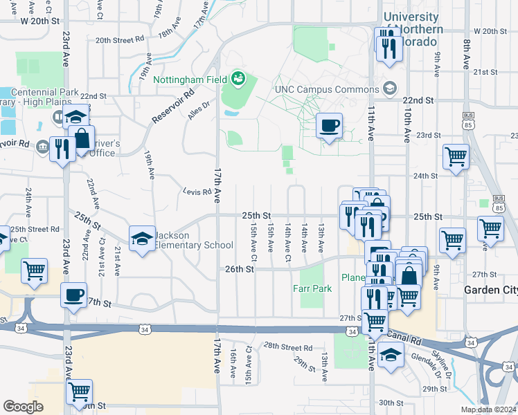 map of restaurants, bars, coffee shops, grocery stores, and more near 2425 15th Avenue Court in Greeley