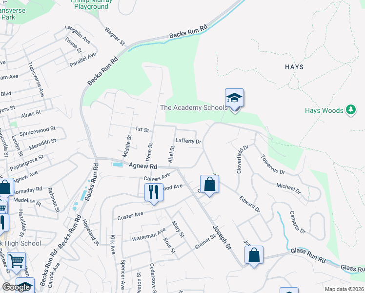 map of restaurants, bars, coffee shops, grocery stores, and more near 714 Lafferty Drive in Pittsburgh