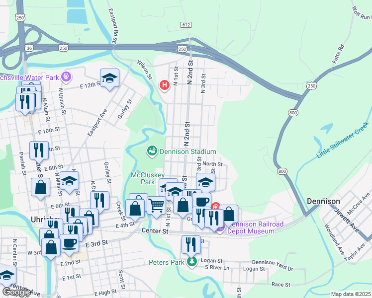 map of restaurants, bars, coffee shops, grocery stores, and more near North 2nd Street in Dennison
