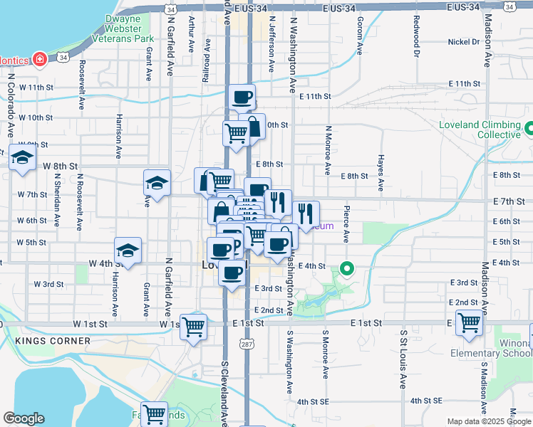 map of restaurants, bars, coffee shops, grocery stores, and more near 335 East 6th Street in Loveland