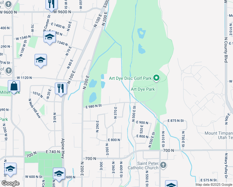 map of restaurants, bars, coffee shops, grocery stores, and more near 1039 North 390 East Street in American Fork