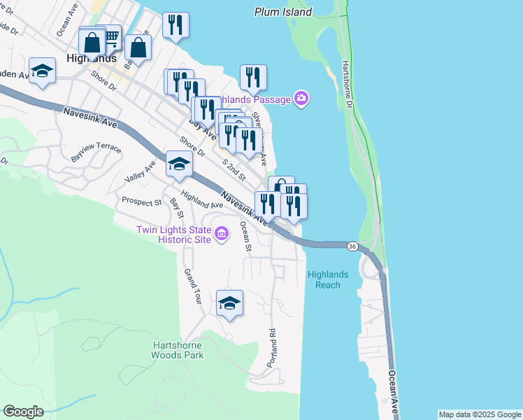 map of restaurants, bars, coffee shops, grocery stores, and more near 23 Bay Avenue in Highlands