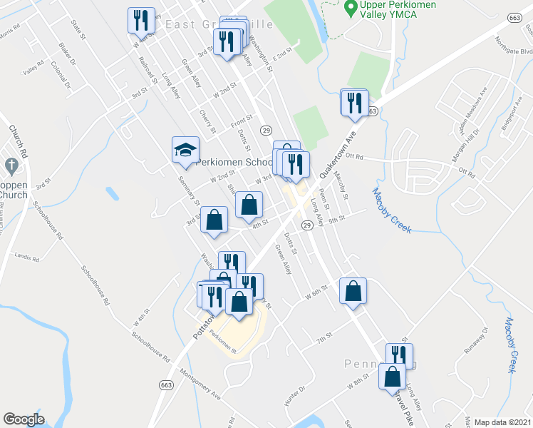 map of restaurants, bars, coffee shops, grocery stores, and more near 371 Cherry Street in Pennsburg