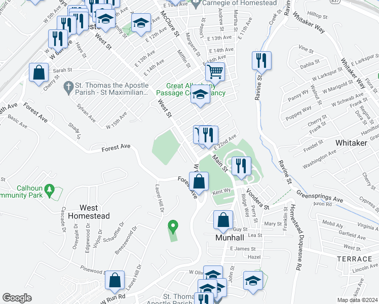 map of restaurants, bars, coffee shops, grocery stores, and more near 2014 West Street in Munhall