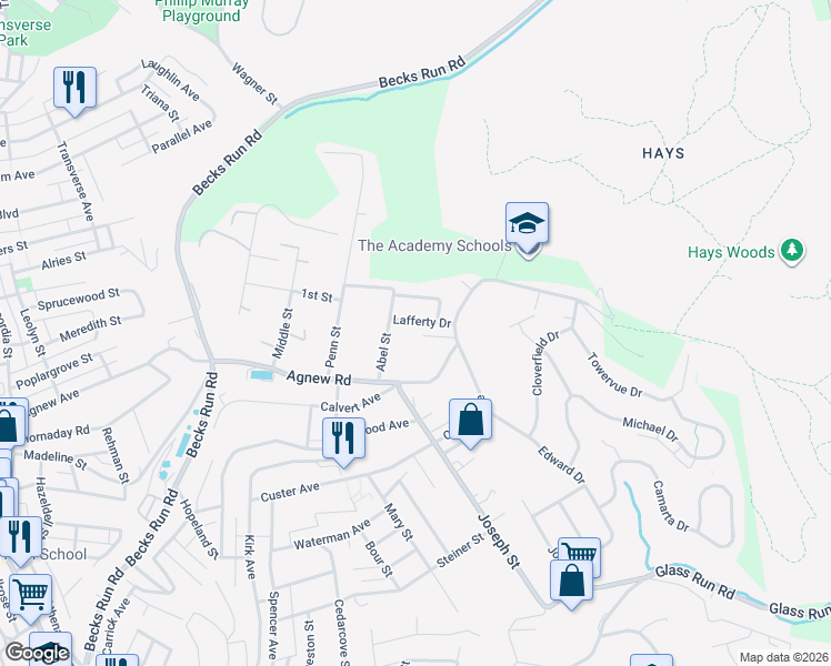 map of restaurants, bars, coffee shops, grocery stores, and more near 714 Lafferty Drive in Pittsburgh